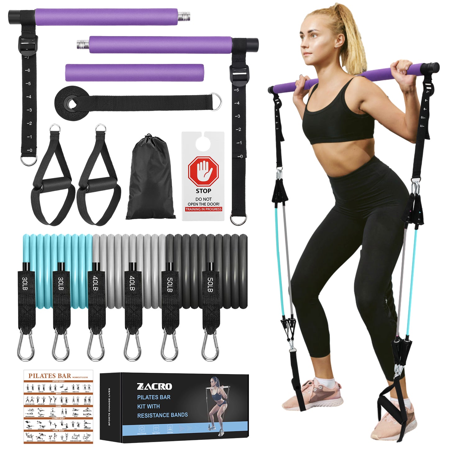 Zacro Pilates Bar Kit with Resistance Bands, 3-Section Pilates Bar with Adjustable Strap, Door Anchor, Handles and Foot Strap, Portable Home Gym Pilates Resistance Bar Kit for Full Body Workouts