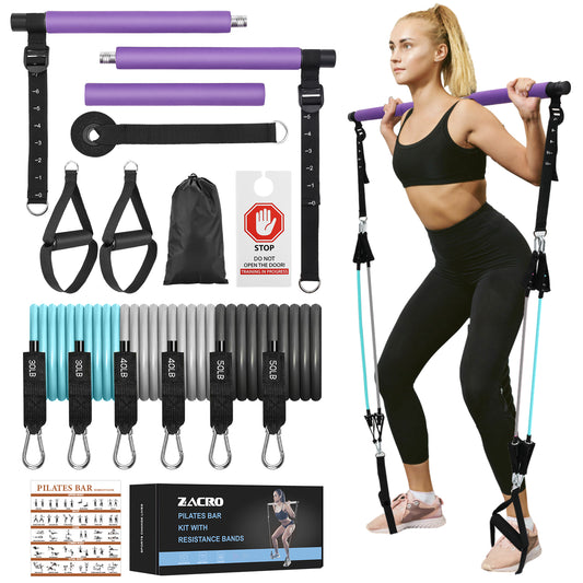 Zacro Pilates Bar Kit with Resistance Bands, 3-Section Pilates Bar with Adjustable Strap, Door Anchor, Handles and Foot Strap, Portable Home Gym Pilates Resistance Bar Kit for Full Body Workouts
