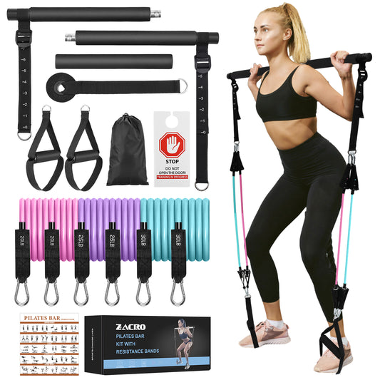 Zacro Pilates Bar Kit with Resistance Bands, 3-Section Pilates Bar with Adjustable Strap, Door Anchor, Handles and Foot Strap, Portable Home Gym Pilates Resistance Bar Kit for Full Body Workouts