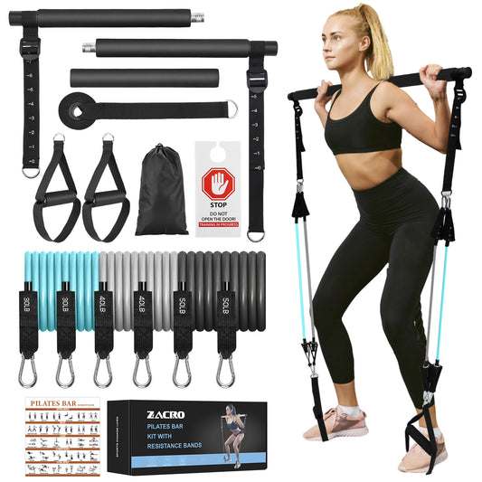 Zacro Pilates Bar Kit with Resistance Bands, 3-Section Pilates Bar with Adjustable Strap, Door Anchor, Handles and Foot Strap, Portable Home Gym Pilates Resistance Bar Kit for Full Body Workouts