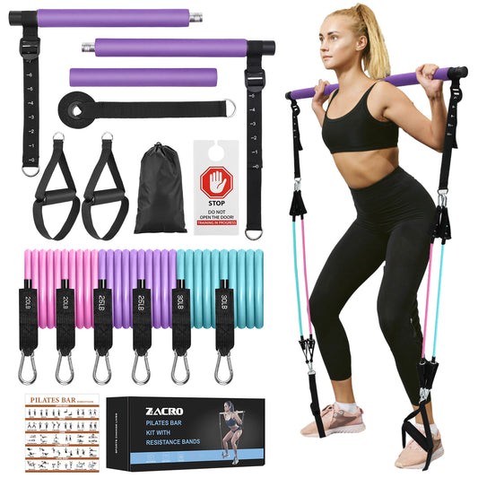 Zacro Pilates Bar Kit with Resistance Bands, 3-Section Pilates Bar with Adjustable Strap, Door Anchor, Handles and Foot Strap, Portable Home Gym Pilates Resistance Bar Kit for Full Body Workouts