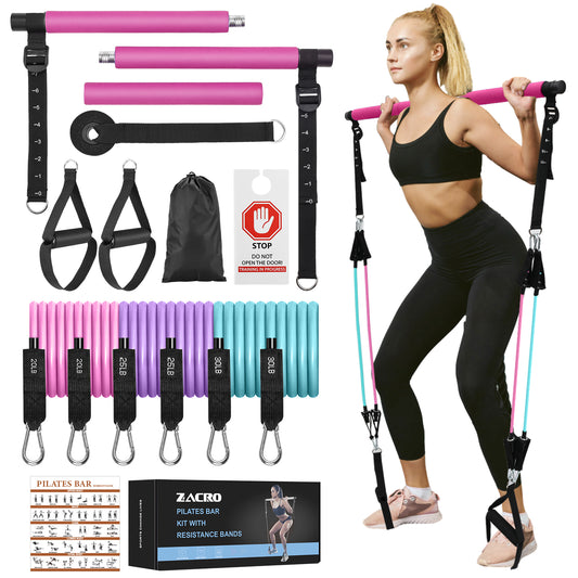 Zacro Pilates Bar Kit with Resistance Bands, 3-Section Pilates Bar with Adjustable Strap, Door Anchor, Handles and Foot Strap, Portable Home Gym Pilates Resistance Bar Kit for Full Body Workouts
