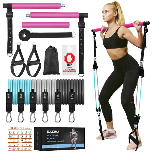 Zacro Pilates Bar Kit with Resistance Bands, 3-Section Pilates Bar with Adjustable Strap, Door Anchor, Handles and Foot Strap, Portable Home Gym Pilates Resistance Bar Kit for Full Body Workouts
