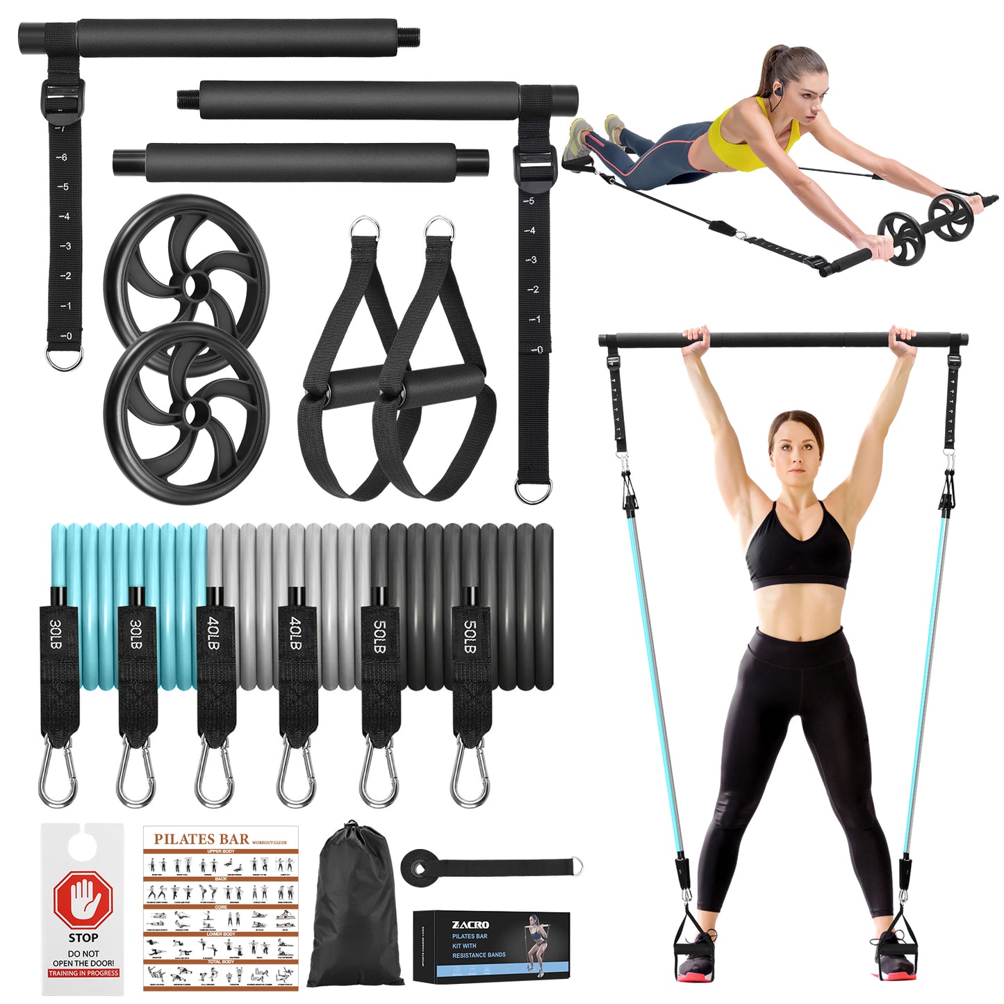 Zacro Pilates Bar with Resistance Bands, Pilates Bar with Ab Roller for Abs Workout, with 30/40/50 LBS Resistance Bands, Portable Home Gym Yoga Pilates Bar Kit for Full Body Workouts for Women and Men