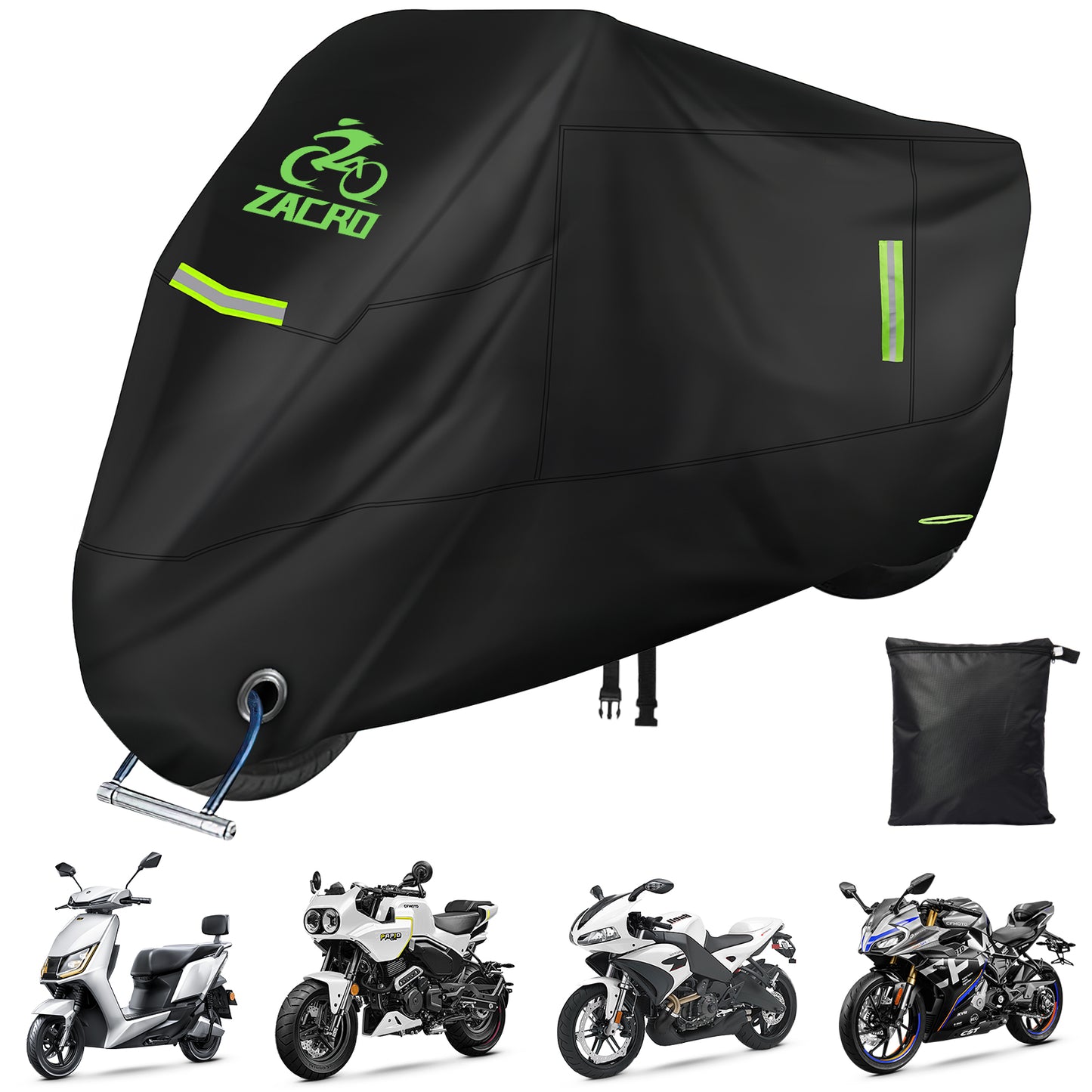 420D Heavy Duty Motorcycle Cover, Zacro Waterproof Electric Scooter Cover Outdoor All Season, Tear Proof Sun Proof Moped Cover with Reflective Strips & Lock-Hole, Dirt Bike Cover Fits up to 96"