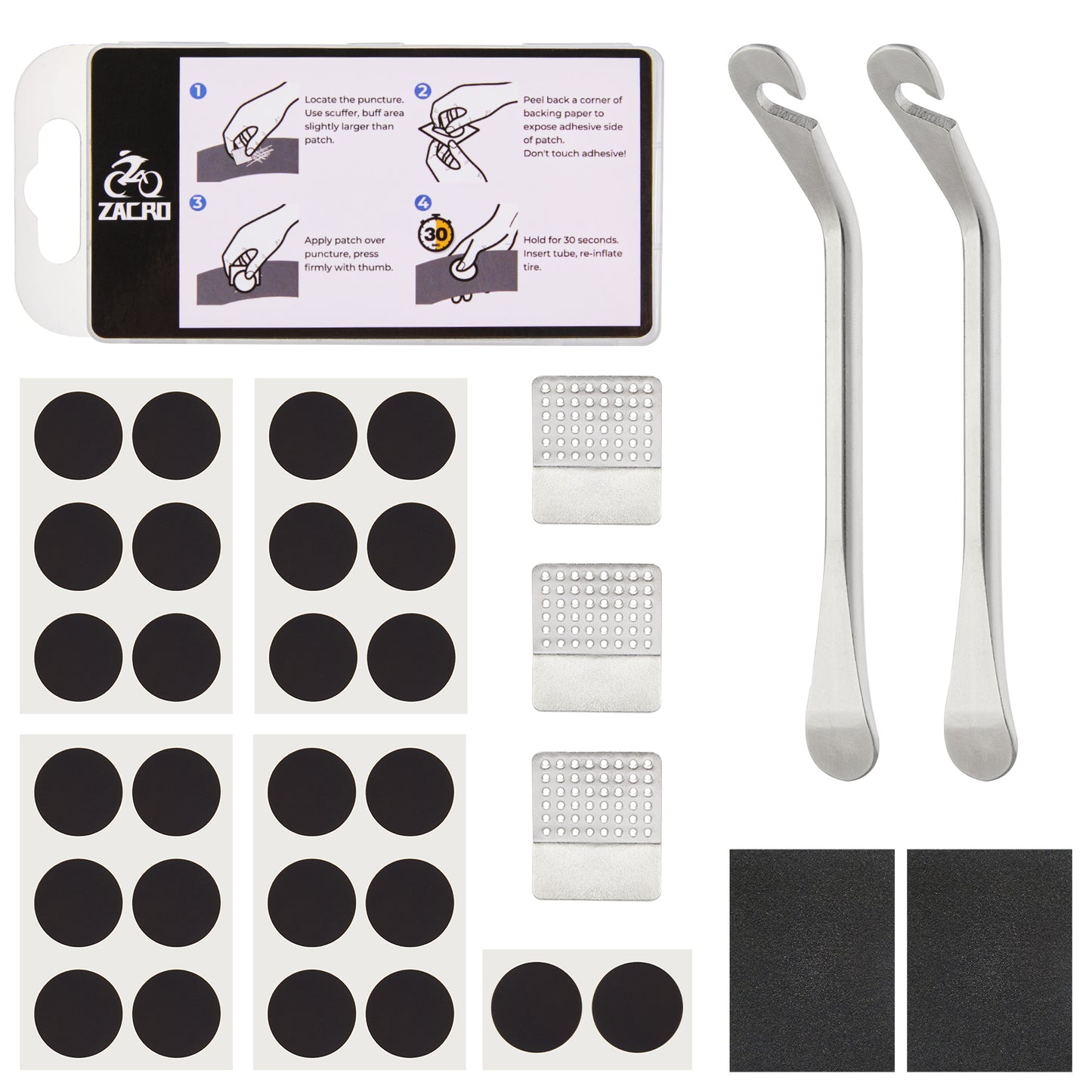 Zacro 34 PCS Bike Tire Repair Kit, Upgrade with 26 Glueless Tube Patch Kits& 2 Premium Stainless Steel Levers, Bicycle Inner Flat Tube Patch Kit for Mountain MTB BMX Ebike Scooter