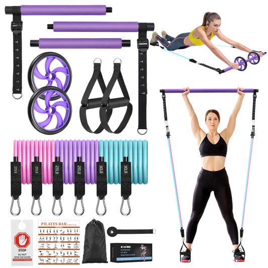 Zacro Pilates Bar with Resistance Bands, Pilates Bar with Ab Roller for Abs Workout, with 20/25/30 LBS Resistance Bands, Portable Home Gym Yoga Pilates Bar Kit for Full Body Workouts for Women and Men