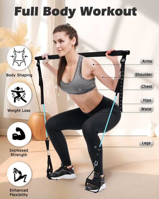 Zacro Pilates Bar Kit with Resistance Bands, 3-Section Pilates Bar with Adjustable Strap, Door Anchor, Handles and Foot Strap, Portable Home Gym Pilates Resistance Bar Kit for Full Body Workouts
