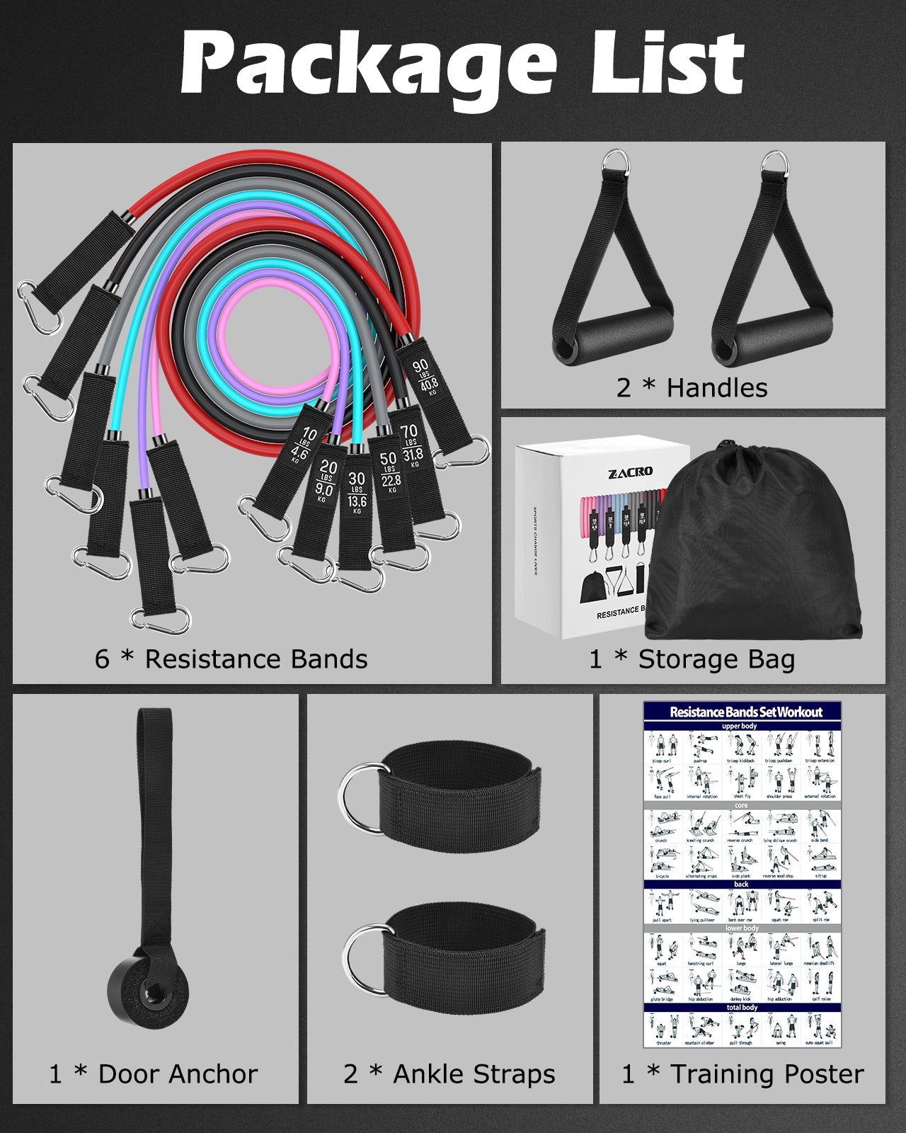 Zacro Resistance Bands for Working Out, 270 lbs Heavy Resistance Bands with Handles, Exercise Bands with Door Anchor, Ankle Straps, for Heavy Resistance Training, Shape Body, Home Workout (Multicolor)