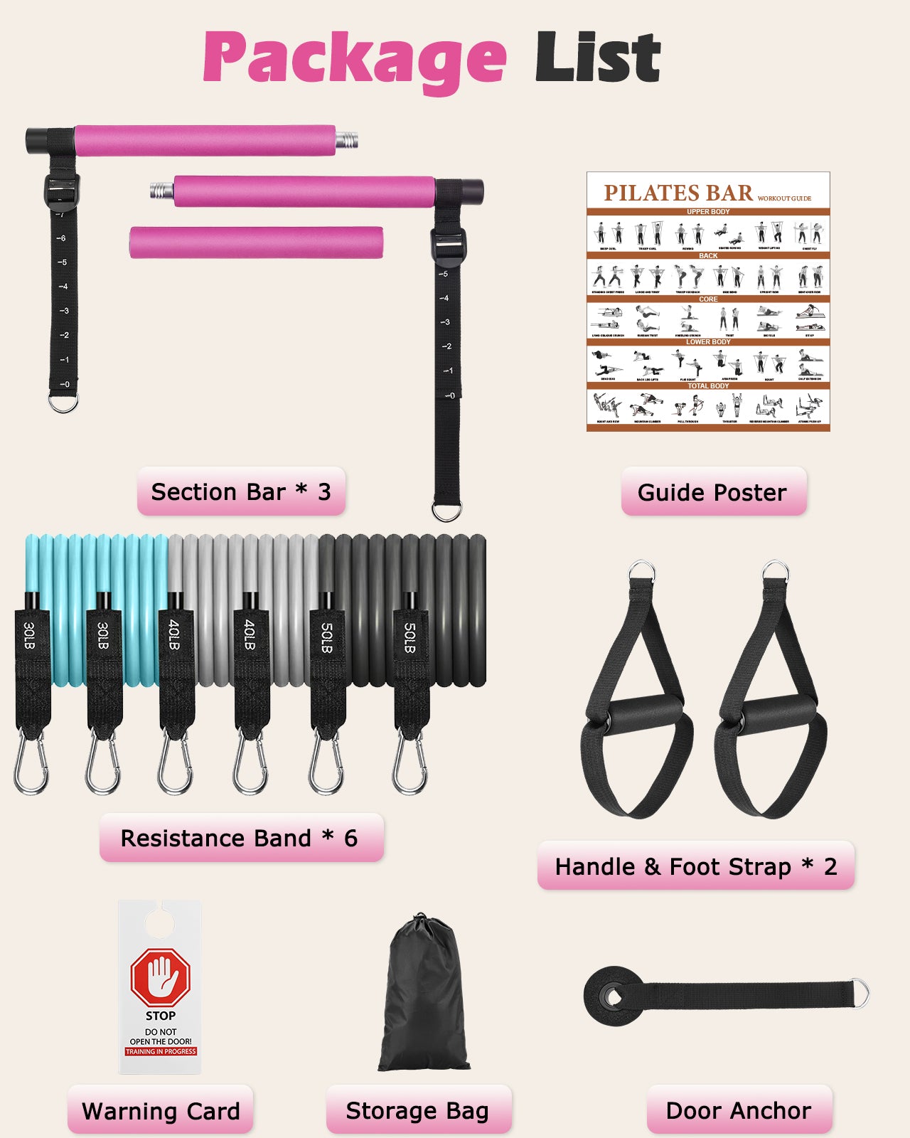 Zacro Pilates Bar Kit with Resistance Bands, 3-Section Pilates Bar with Adjustable Strap, Door Anchor, Handles and Foot Strap, Portable Home Gym Pilates Resistance Bar Kit for Full Body Workouts