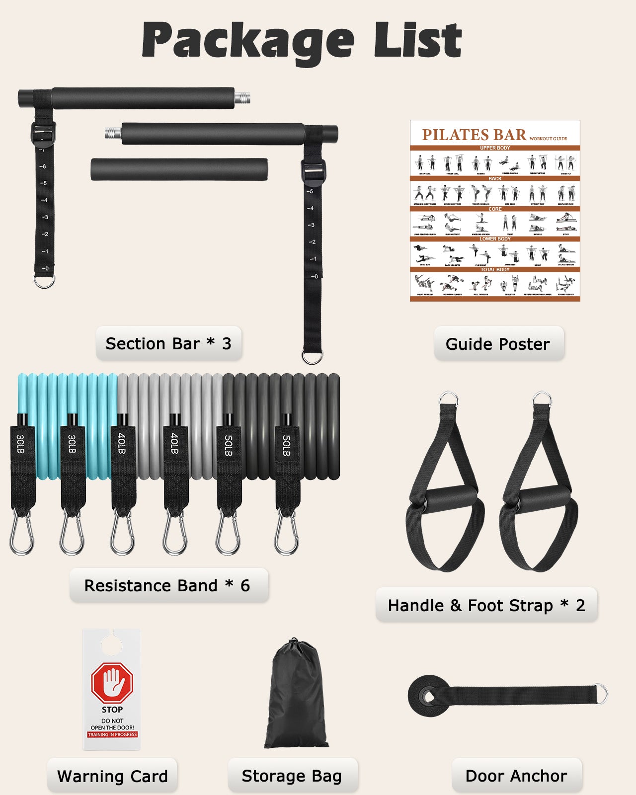 Zacro Pilates Bar Kit with Resistance Bands, 3-Section Pilates Bar with Adjustable Strap, Door Anchor, Handles and Foot Strap, Portable Home Gym Pilates Resistance Bar Kit for Full Body Workouts