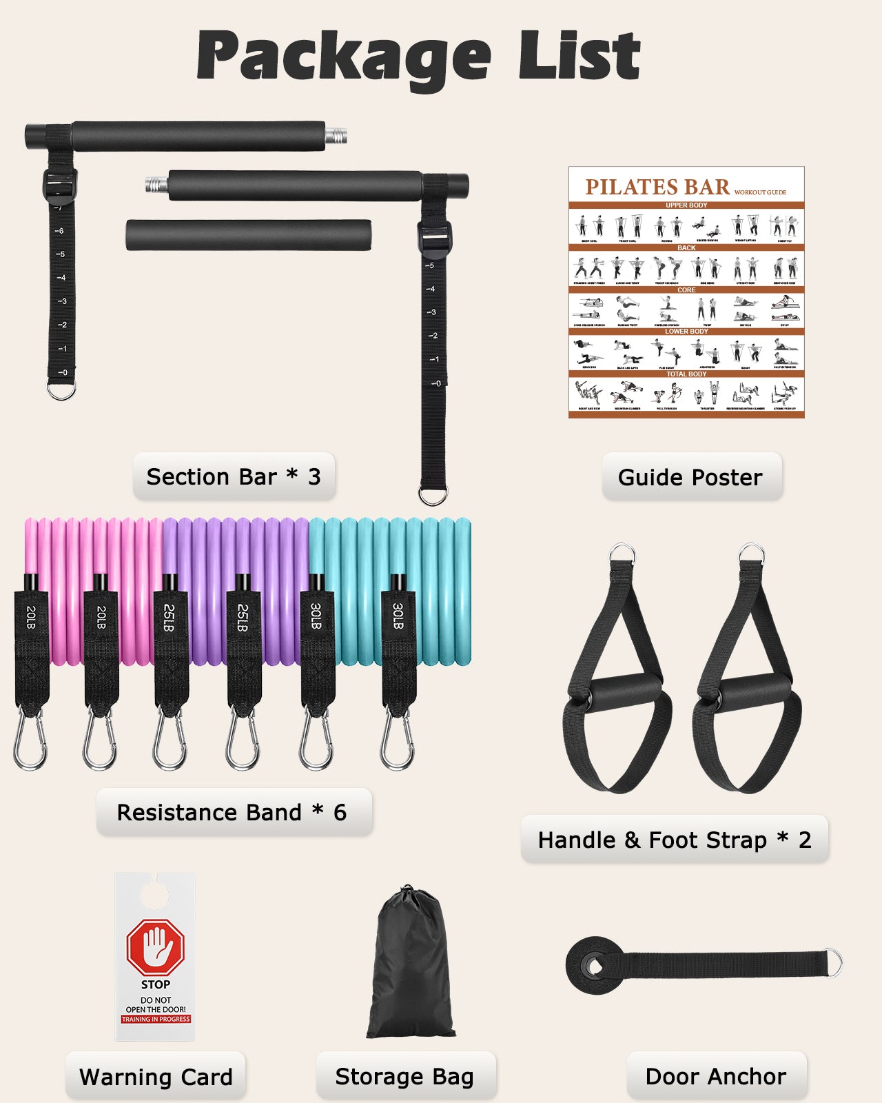 Zacro Pilates Bar Kit with Resistance Bands, 3-Section Pilates Bar with Adjustable Strap, Door Anchor, Handles and Foot Strap, Portable Home Gym Pilates Resistance Bar Kit for Full Body Workouts