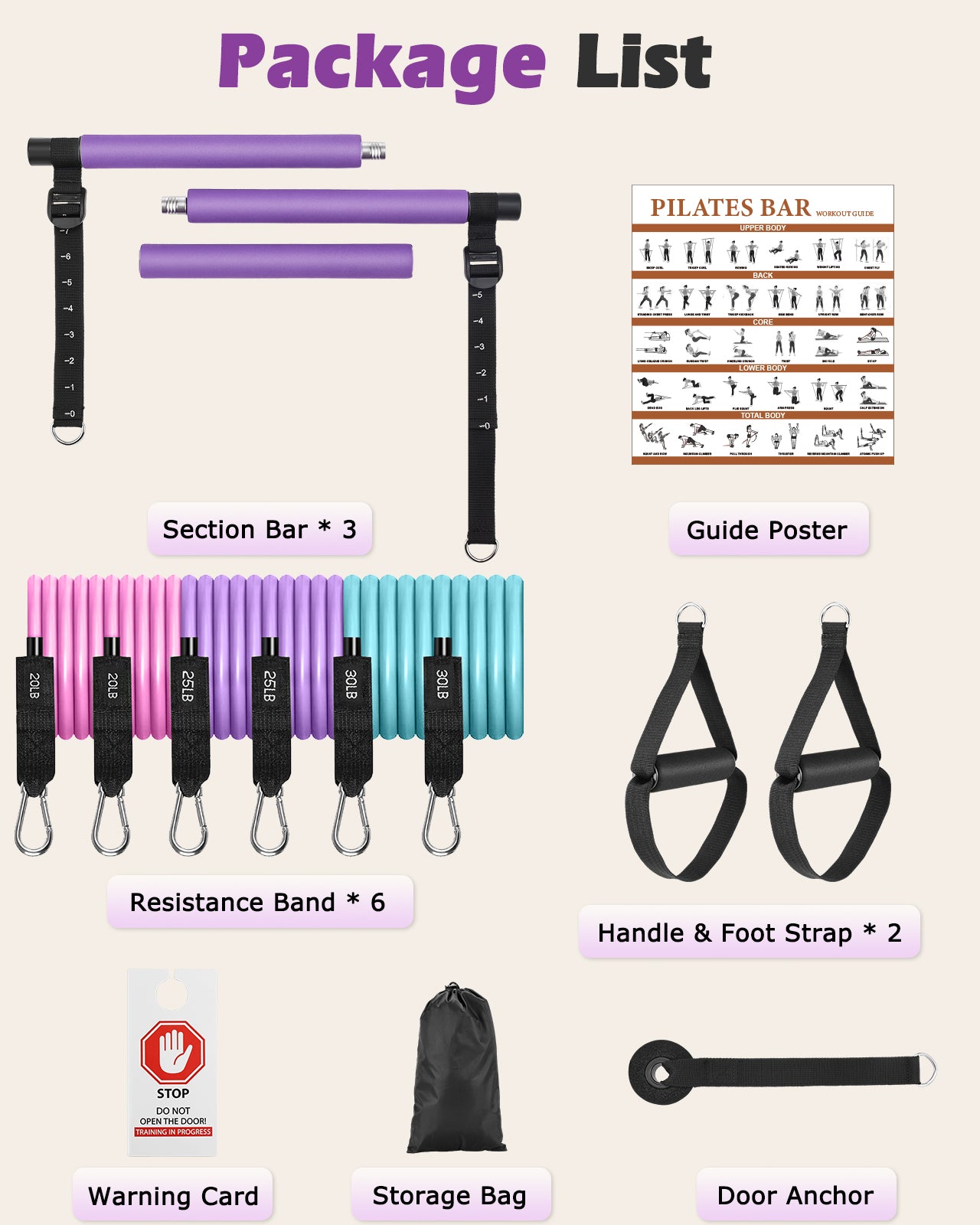 Zacro Pilates Bar Kit with Resistance Bands, 3-Section Pilates Bar with Adjustable Strap, Door Anchor, Handles and Foot Strap, Portable Home Gym Pilates Resistance Bar Kit for Full Body Workouts