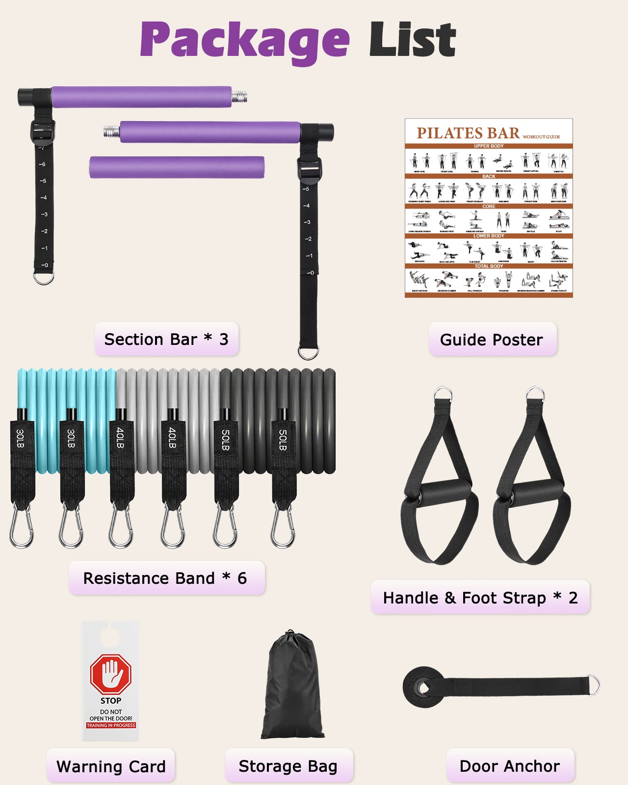 Zacro Pilates Bar Kit with Resistance Bands, 3-Section Pilates Bar with Adjustable Strap, Door Anchor, Handles and Foot Strap, Portable Home Gym Pilates Resistance Bar Kit for Full Body Workouts
