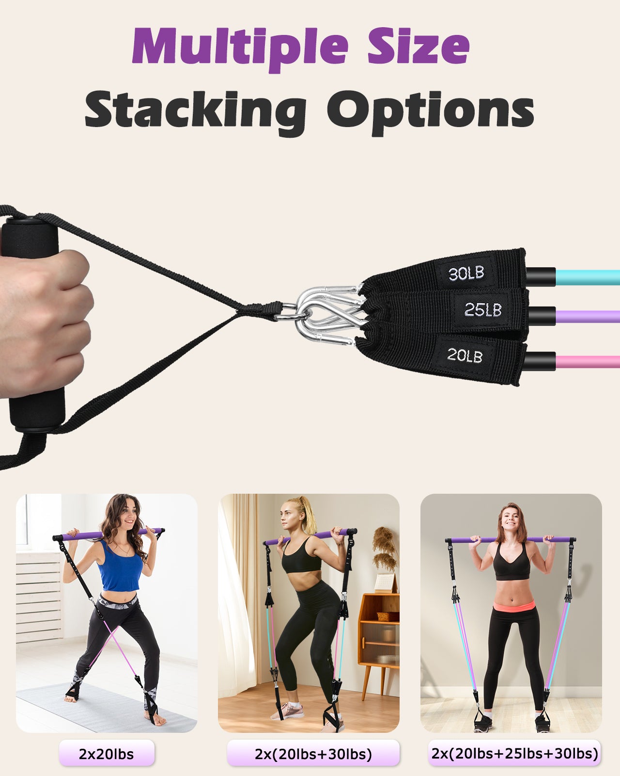 Zacro Pilates Bar Kit with Resistance Bands, 3-Section Pilates Bar with Adjustable Strap, Door Anchor, Handles and Foot Strap, Portable Home Gym Pilates Resistance Bar Kit for Full Body Workouts