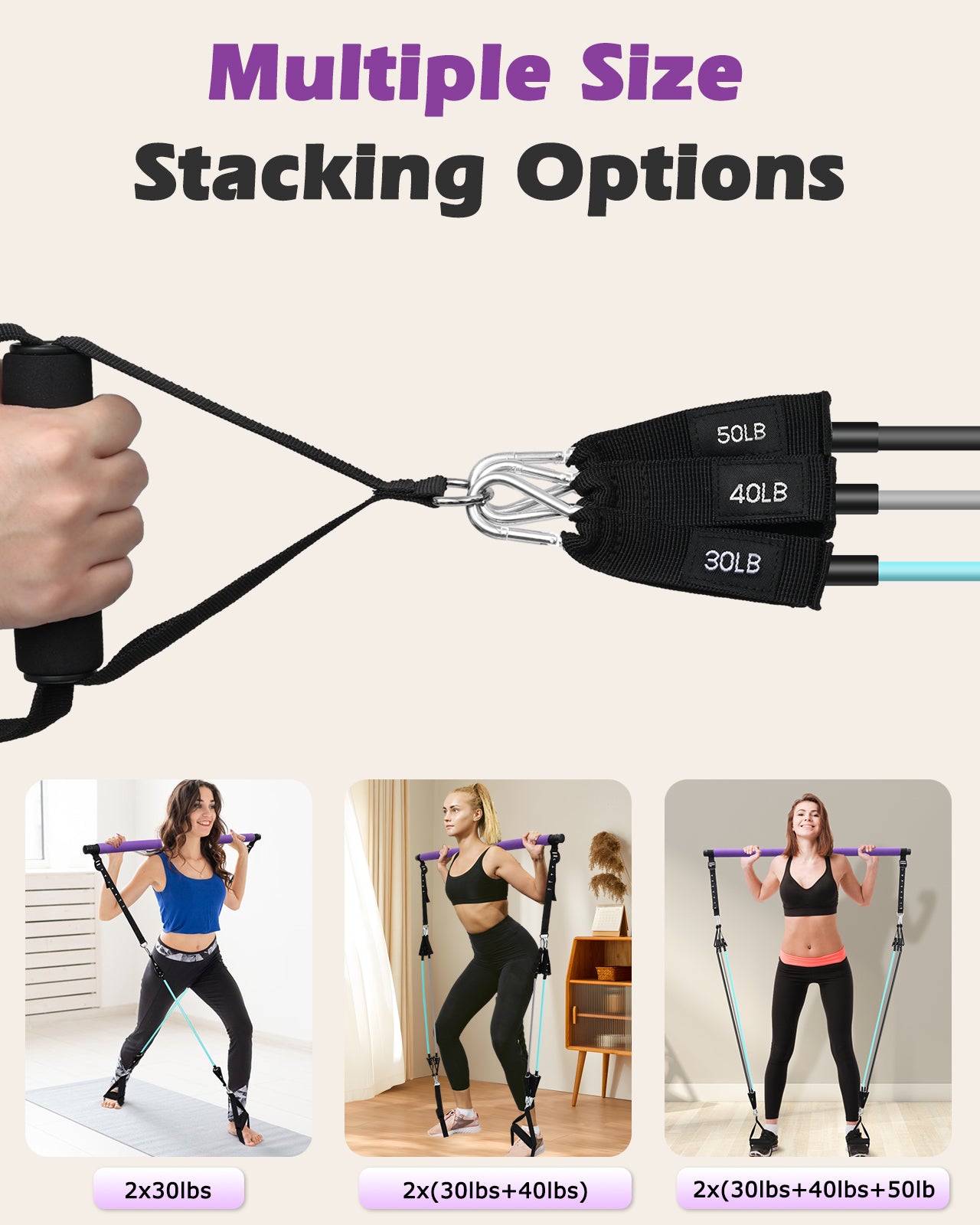 Zacro Pilates Bar with Resistance Bands, Pilates Bar with Ab Roller for Abs Workout, with 30/40/50 LBS Resistance Bands, Portable Home Gym Yoga Pilates Bar Kit for Full Body Workouts for Women and Men