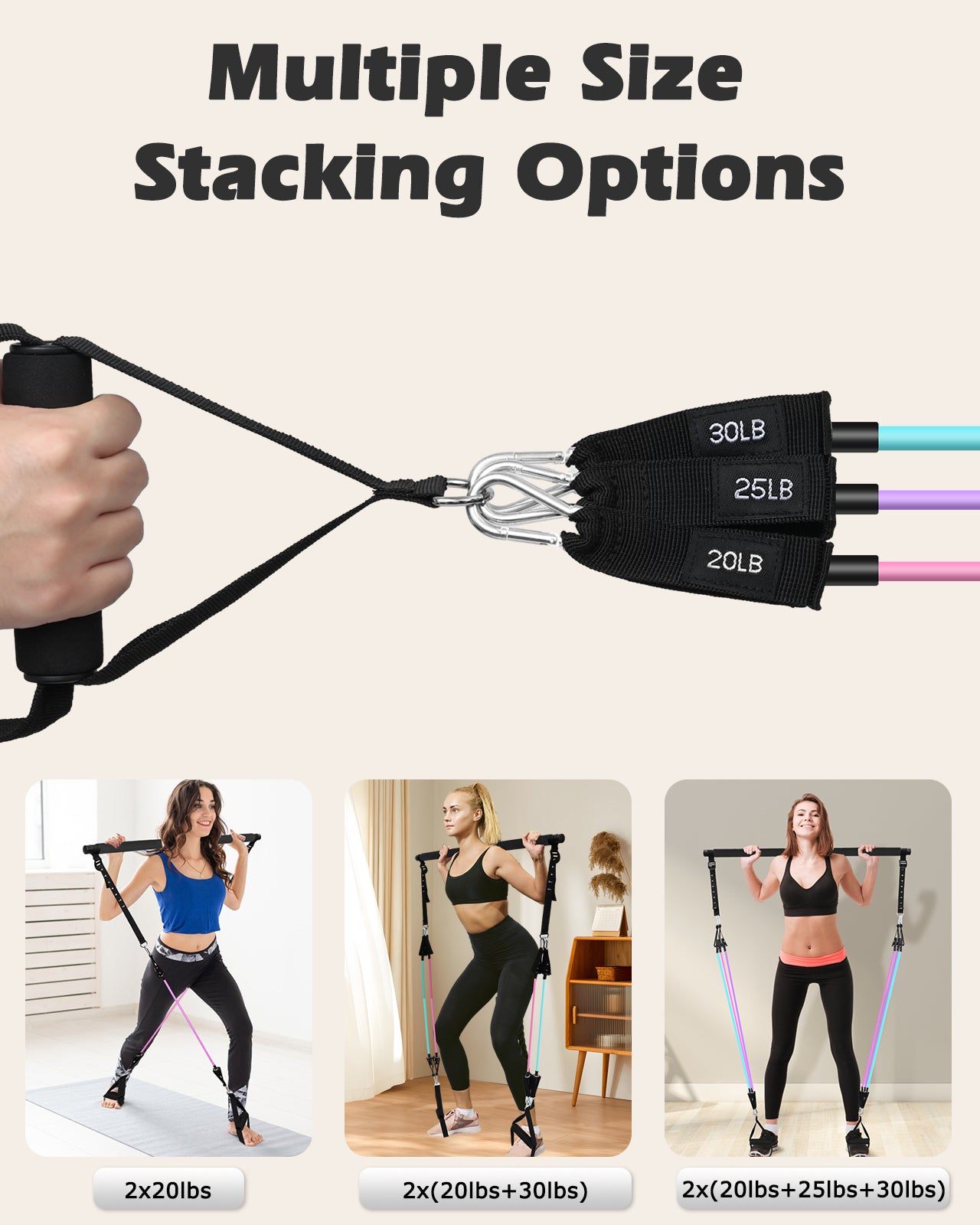 Zacro Pilates Bar Kit with Resistance Bands, 3-Section Pilates Bar with Adjustable Strap, Door Anchor, Handles and Foot Strap, Portable Home Gym Pilates Resistance Bar Kit for Full Body Workouts