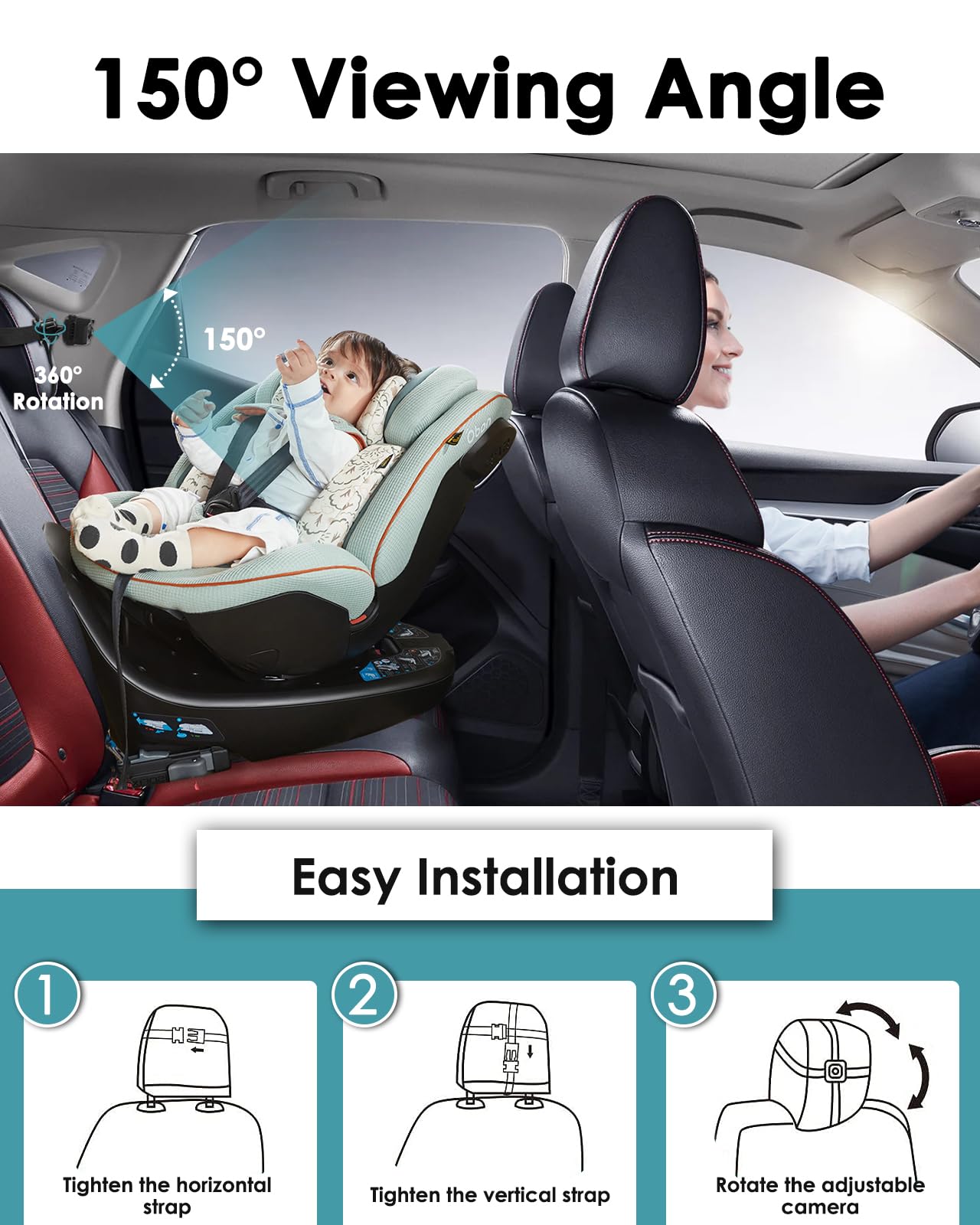 Zacro Baby Car Mirror, 4.3" Car Mirror Display, Baby Car Camera with HD Night Vision Function, 150°Viewing Angle, 360°Adjustable Car Seat Mirror Camera, Sticky Pad Mount