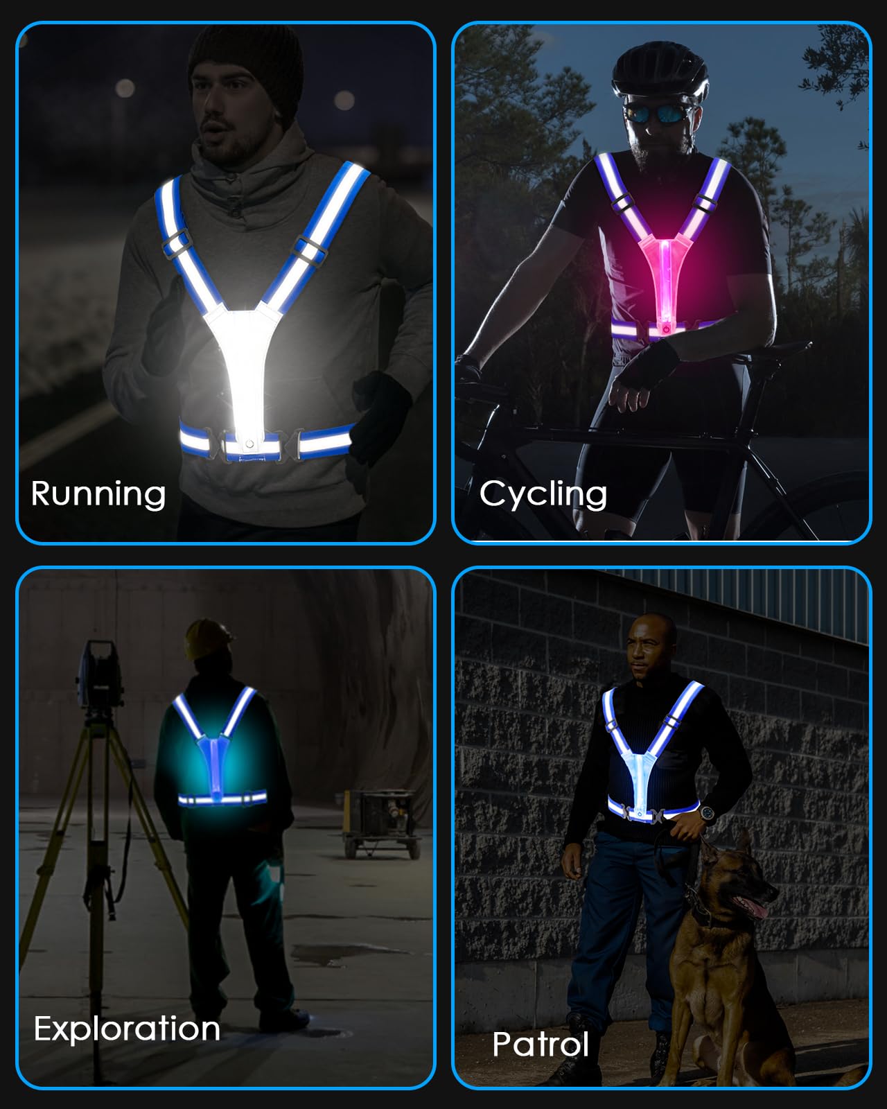 Zacro LED Reflective Vest Running Gear, 5 Lights Colors High Visibility Reflective Running Gear Rechargeable Light Up Running Vest for Walking Running Cycling, Adjustable for Men Women Kids (Blue)