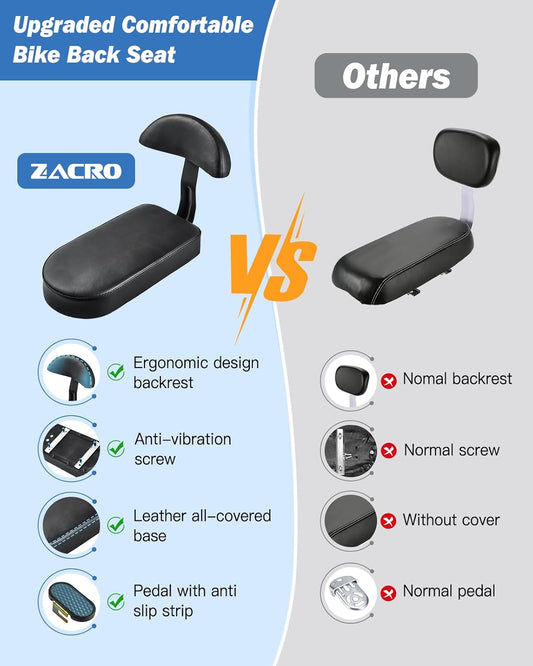 Zacro Kids Bike Seat Set, Comfort Bike Seat with Backrest, Wide Child Bicycle Rear Seat Cushion Back Safety Armrest Handrail Feet Pedals, Children Bicycle Back Seat for Over 5 Years Old