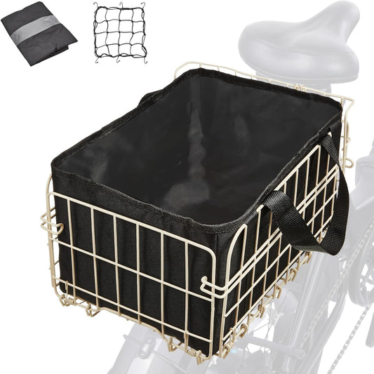 Zacro Bike Basket Rear, Folding Metal Bicycle Basket, Large Quick Release Design Rear Bike Basket, Ebike Basket for Adult Women/Men Carrying Dogs, Pets, Fruit & Grocery, Beige